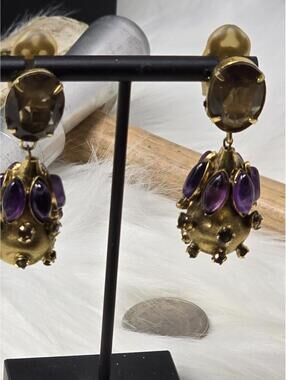 Vintage Amethyst Cabochon Dangle Drop Clip Earrings Estate